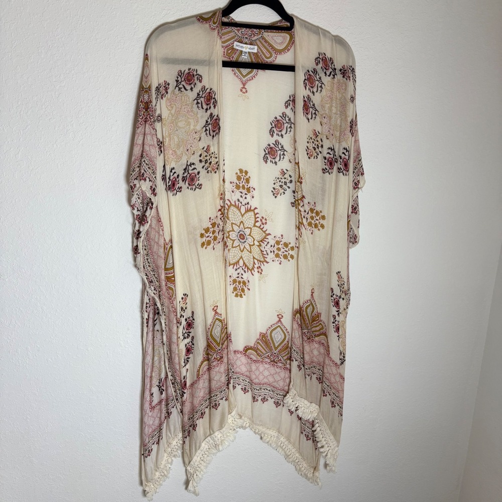 Woven Heart Kimono One size Boho Floral Paisley Fringe Open Front Cover Up